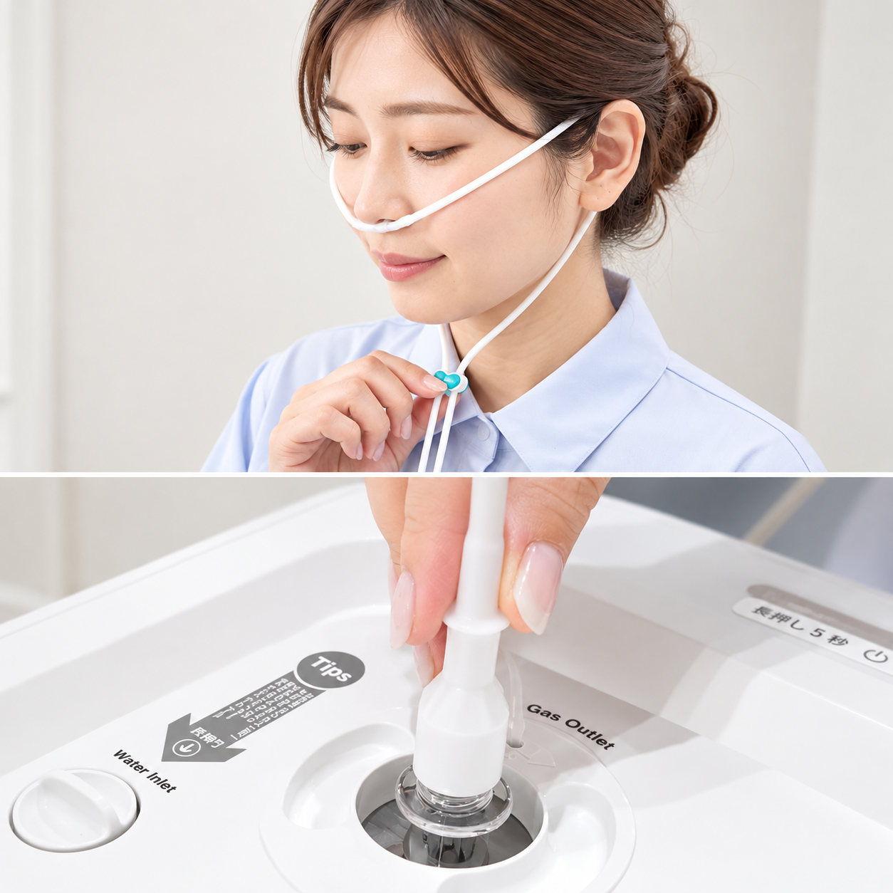 Suifeel専用カニューレを装着し、ガス噴出口へ接続する様子